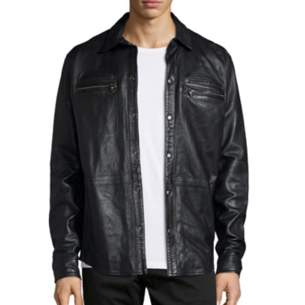 John Varvatos Star USA Zip-Pocket Leather Shirt Jacket, Black, M, New with Tags